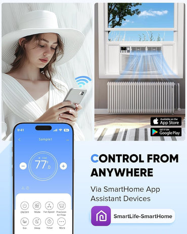 8000 BTU Window Air Conditioner with WiFi Ultra Quiet 3-in-1 AC Unit Remote Energy Efficient Cooling for Rooms up to 350 Sq. Ft.