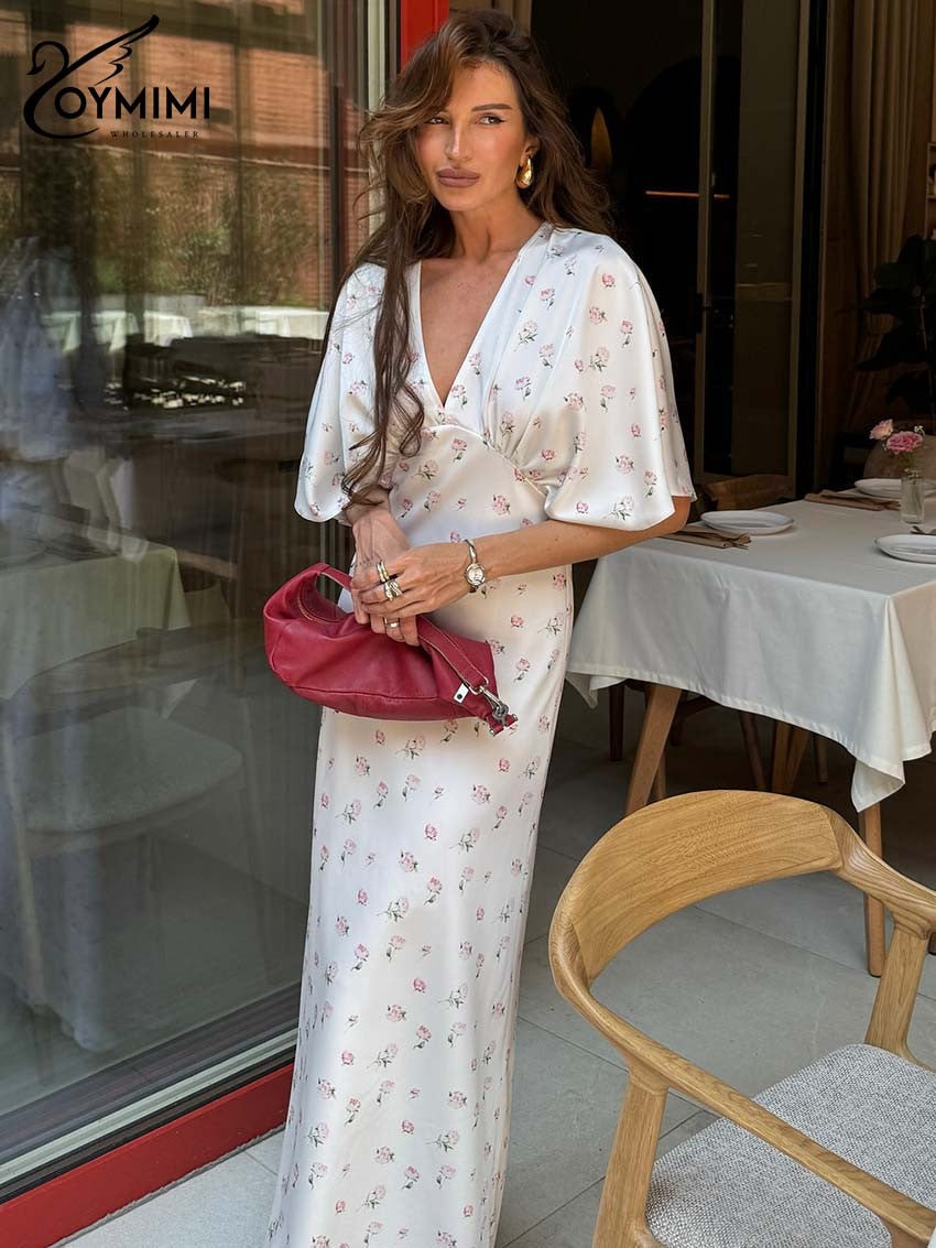 Oymimi Casual White Print Dresses For Woman Fashion V-Neck Batwing Sleeve Dresses Elegant Straight Floor-Length Dress Streetwear