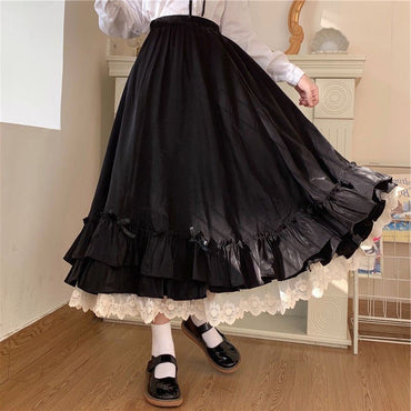 Fashion Sweet Midi Skirt Women Lace Patchwork Bow Preppy Fall Loose Casual Skirts Japanses Ruffle High Waist Solid Chic Skirt