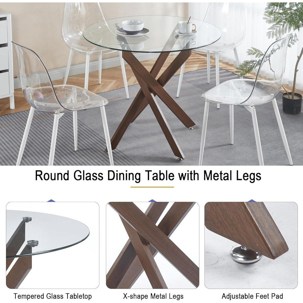35.4'' Glass Top Round Dining Table for 2-4 People, Sturdy Walnut Metal Legs, Round Glass Kitchen Table for Apartment, Space Sav
