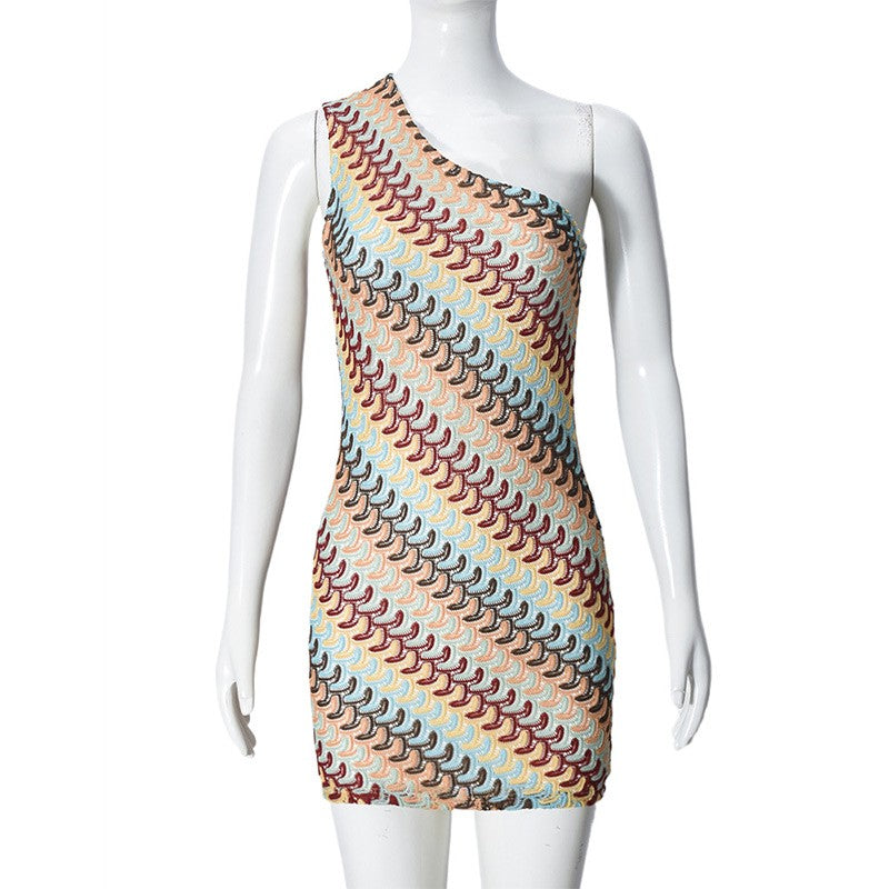 Irregular Printed Knitted Mini Dress For Women Chic Backless Slanted Shoulder Sl