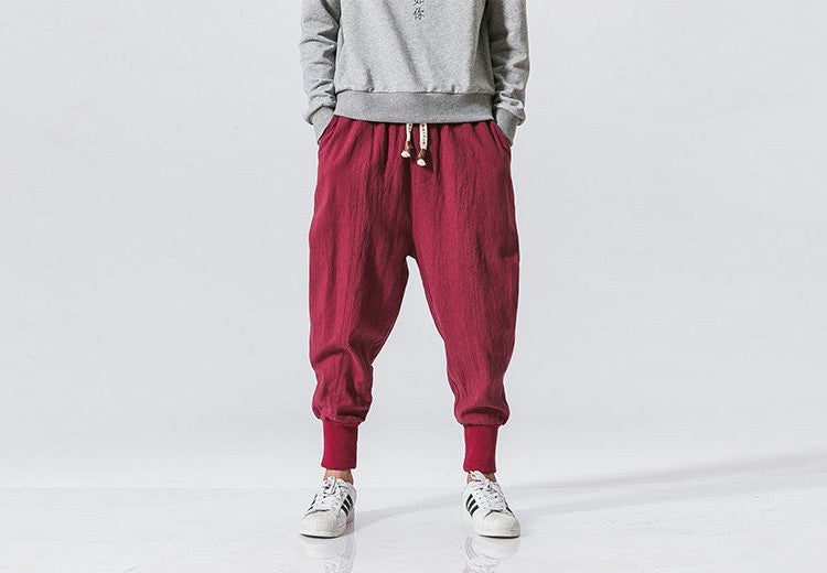 Cotton Linen Harem Pants Men Solid Elastic Waist Streetwear Joggers New Baggy Drop-crotch Pants Casual Trousers Men