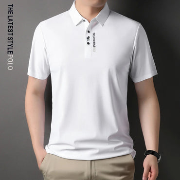 Ice Silk Embroidery Polo Shirt 2024 New Summer Lapel Elasticity T-shirt Korean Fashion Short Sleeve Business Casual Men Clothing
