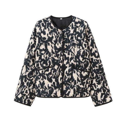 ETJ 2025 traf women's elegant fashion animal print loose edition vintage crewneck cotton-padded jacket multi-color option