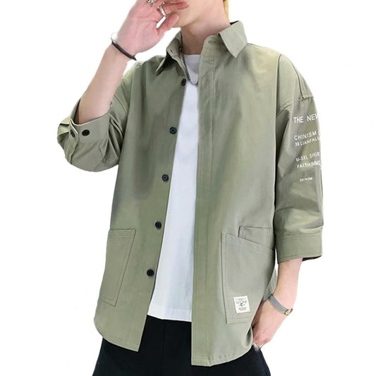 Japanese Style Men Cargo Shirt Half Sleeve Single-breasted Shirt Vintage Logo Label Decor Men Jacket Casual Loose Cardigan Shirt