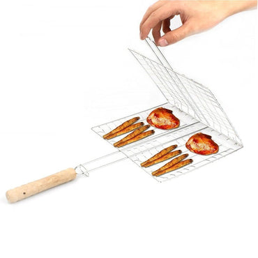 Stainless Steel Barbecue Rack Foldable Portable Long Handle Barbecue Basket Large Capacity Grilling Net Barbecue Tools