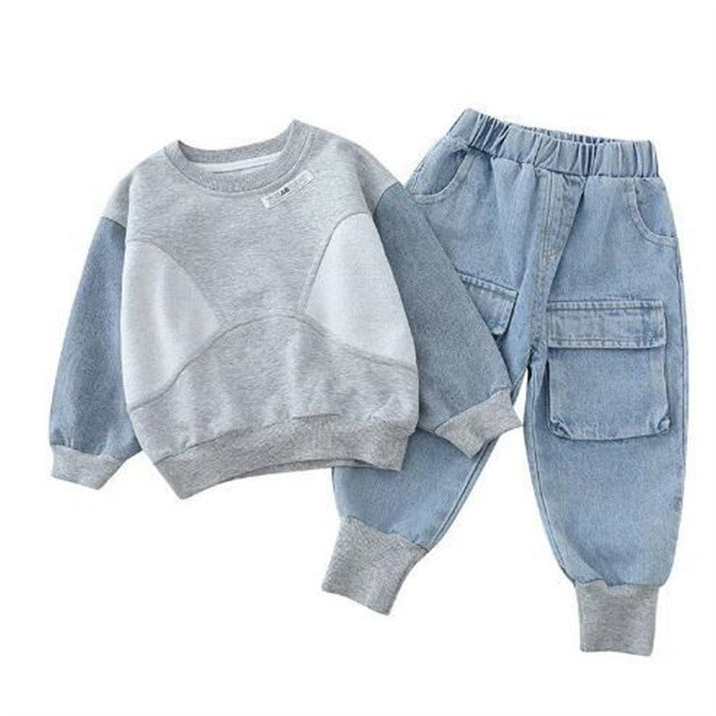 Conjunto de roupas para bebês meninos, azul claro liso, estilo casual/urbano, duas peças, com manga longa e calça de moletom jeans.