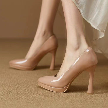 Spring and Autumn New Style Waterproof Platform Slip-on Shoes, Fashionable Banquet Work Shoes, Pointed Toe Thin Heels