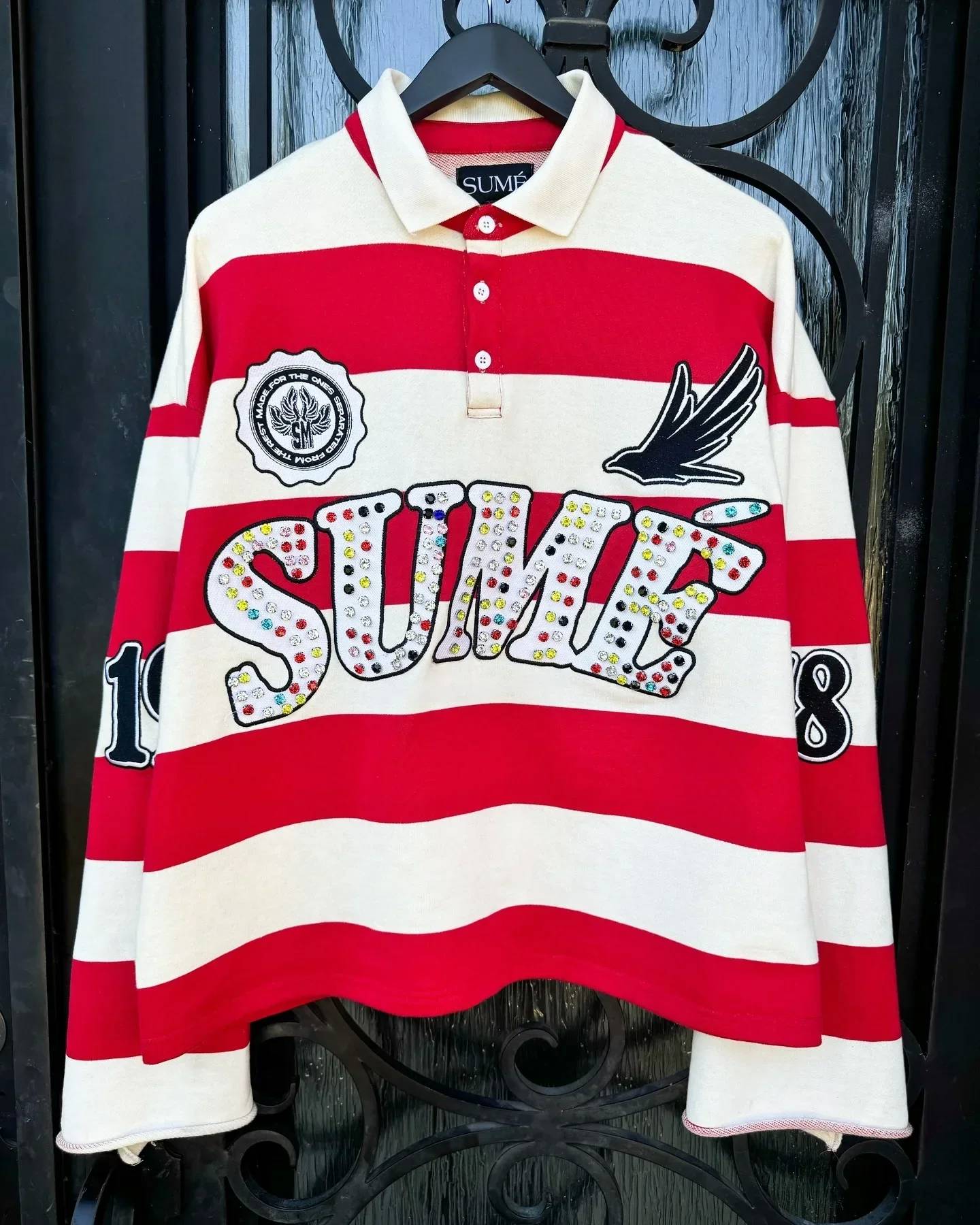 New Sume Gem Stone Embroidery Rugbys Long Sleeved T-shirt Men Women Harajuku Hip Hop Stripe Polo Shirt Classics Lapel Neck Shirt