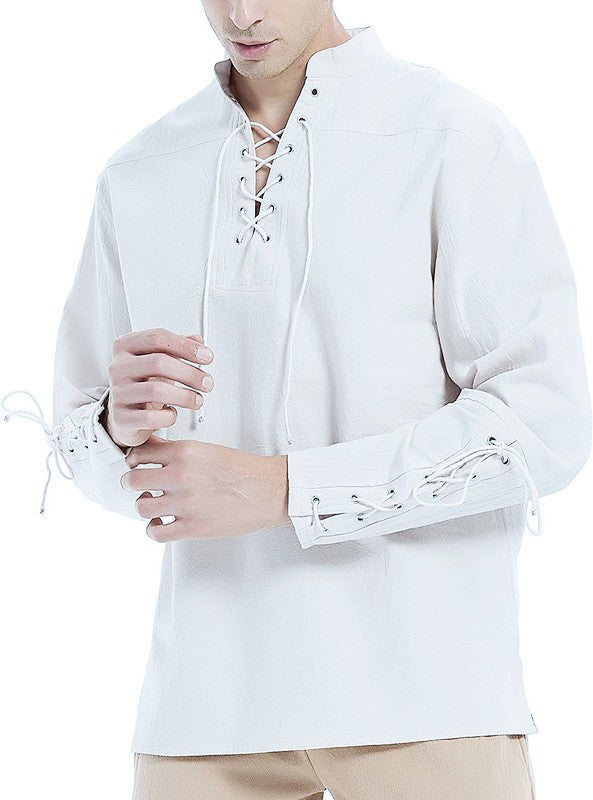 Cotton Linen Shirts for Men Medieval Costume Beach Tops Shirt Pull on Male Loose Casual Streetwear Cosplay Long Sleeve