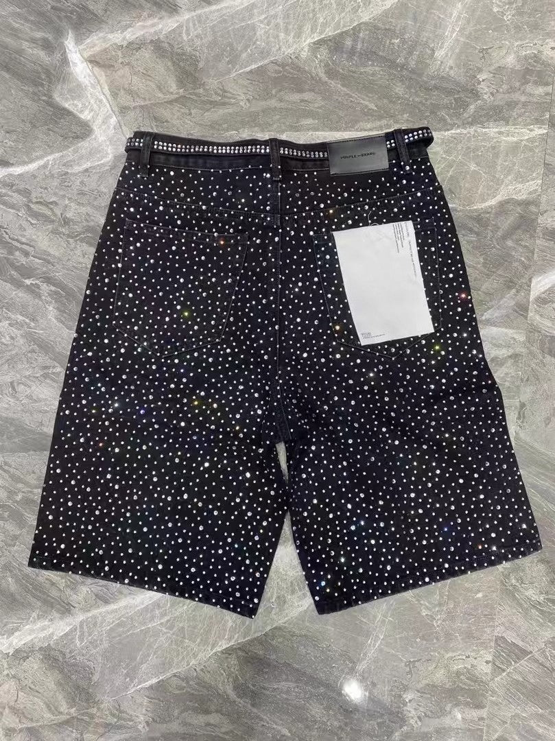 Streetwear Mens Womens Vintage Rhinestone Sequin Denim Shorts Y2K Jeans Hip Hop Washed Baggy Jeans Low Rise Over The Knee Pants