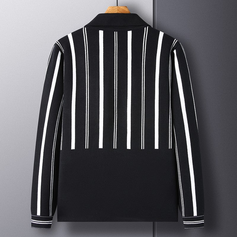 Knitted Cardigan Men's Minimalist Black and White Sweater Autumn and Winter New Slim Fit Sweater Youth Striped Jacket