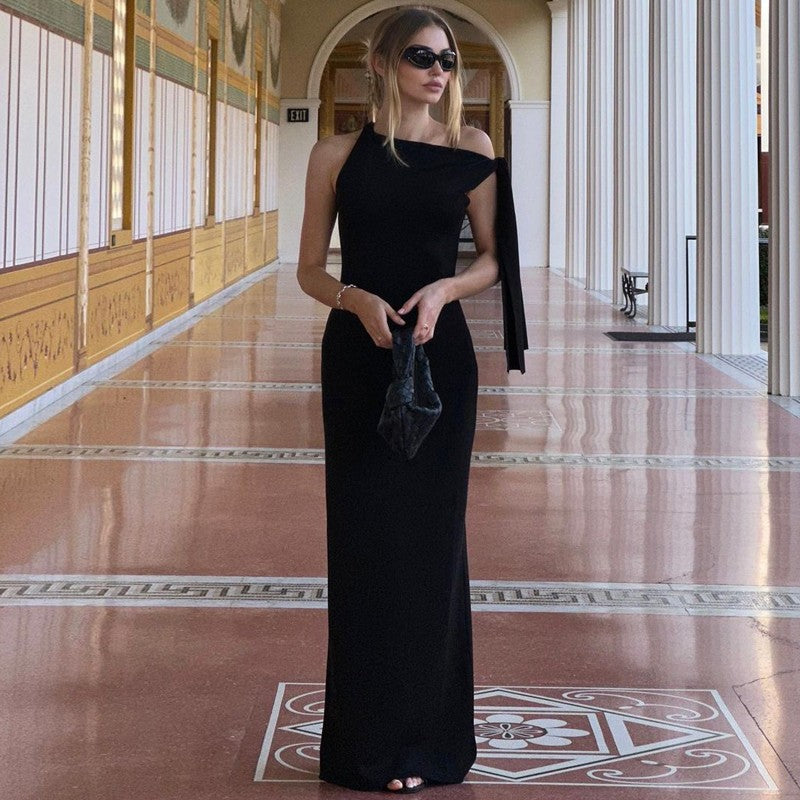 Hugcitar Fashion Solid O Neck Sleeveless Patchwork Sexy Bodycon Maxi Prom Dress