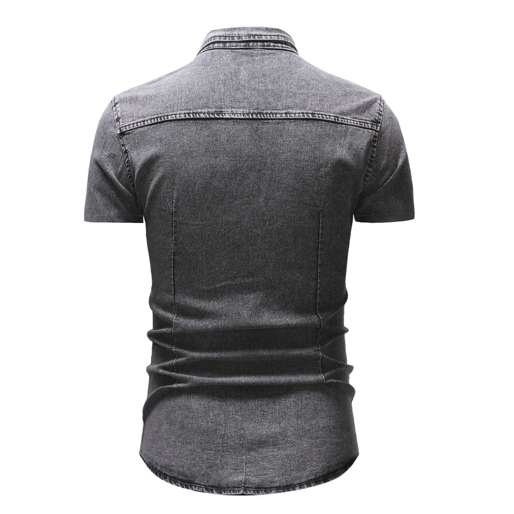 Men Denim Shirts Tops Shirt Short Sleeve Button Turn Down Collar Single Breasted Slim Fit Solid Simple Casual Splice Top 2024