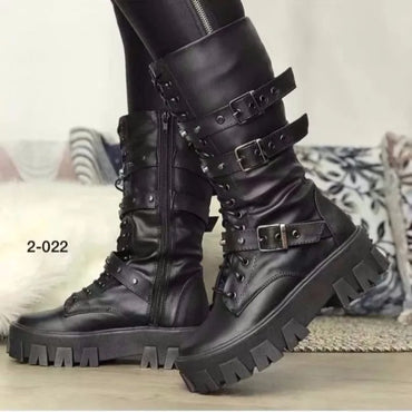 Women's Autumn Uk Style Boots Mid-high Heels Punk Attitude Independent Standing Long Tube Knight Boots Rubber Upper
