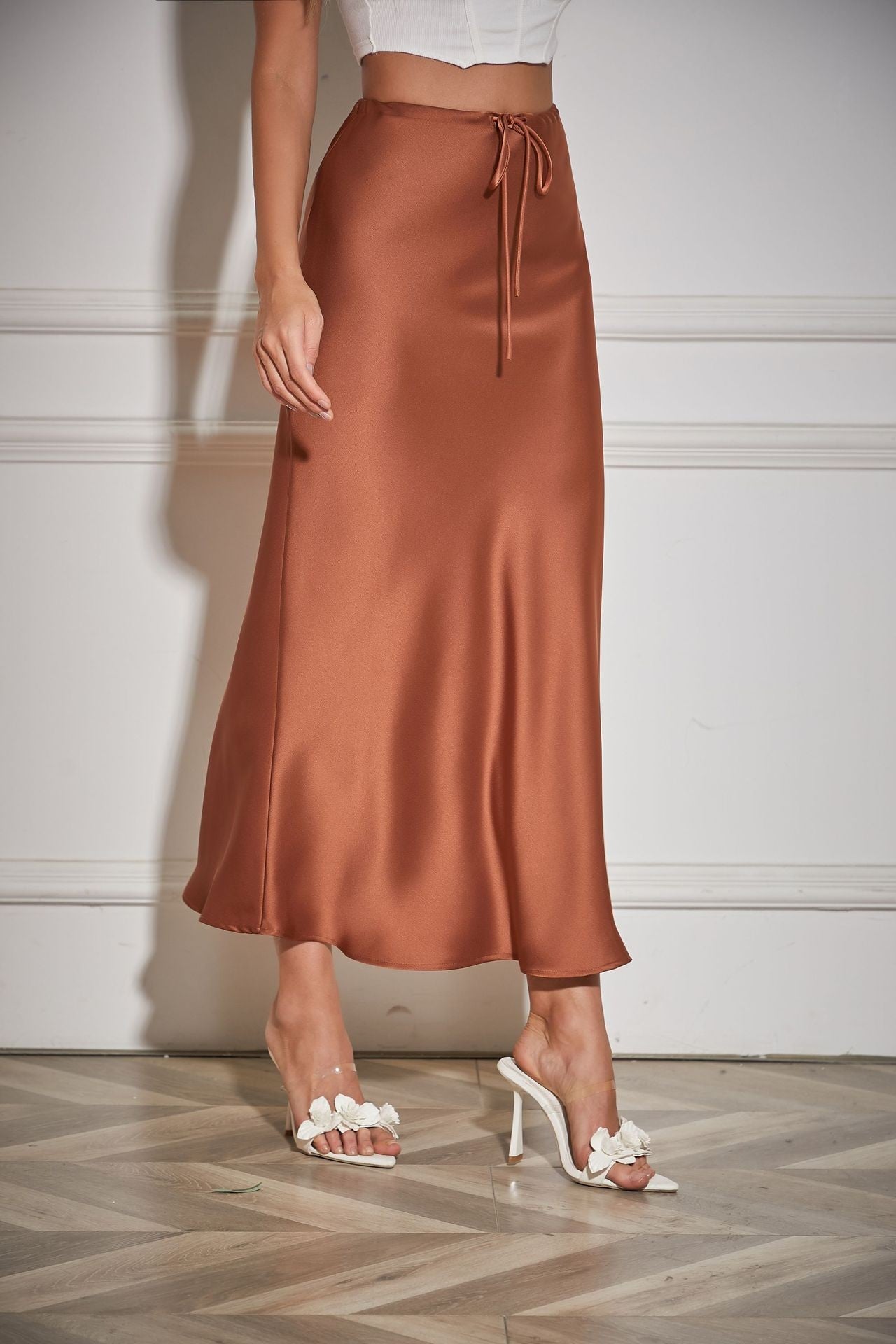 New In 2025 Spring Summer Solid Color Satin Long Skirt For Women High Waist Lace