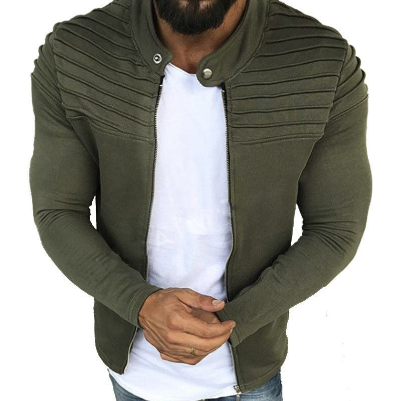 Autumn Sports Casual Men Jacket Men's Pleats Slim Stripe Fit Jacket Zipper Long Sleeve Coat Cardigan Coat