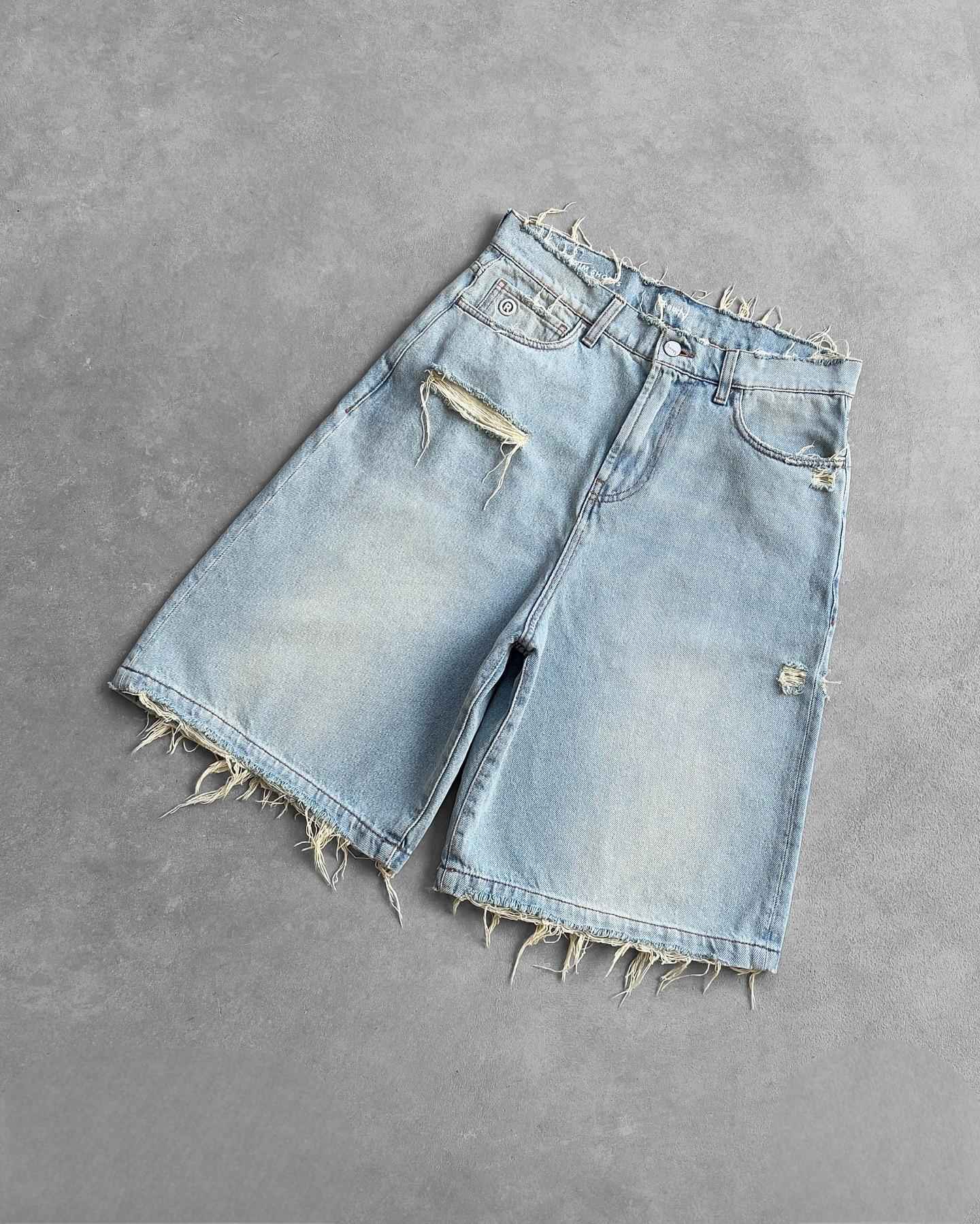 2000s Style Chinese Loong Hip Hop Denim Shorts Summer Baggy Jeans Gothic Jorts Y2k Retro Blue Men Wide Leg Cargo Gym Shorts
