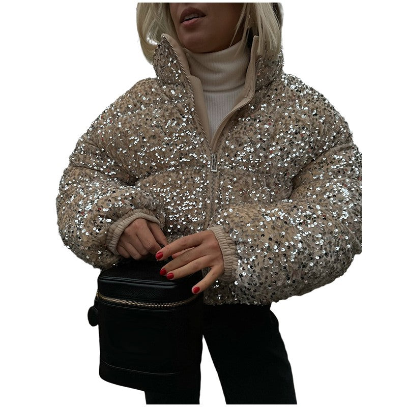 Sparkly Women's Sequin Puffer Jacket Oversize Cropped Stand Collar Zip-Up Party Coat Fashion High Street Female Winter Outerwear