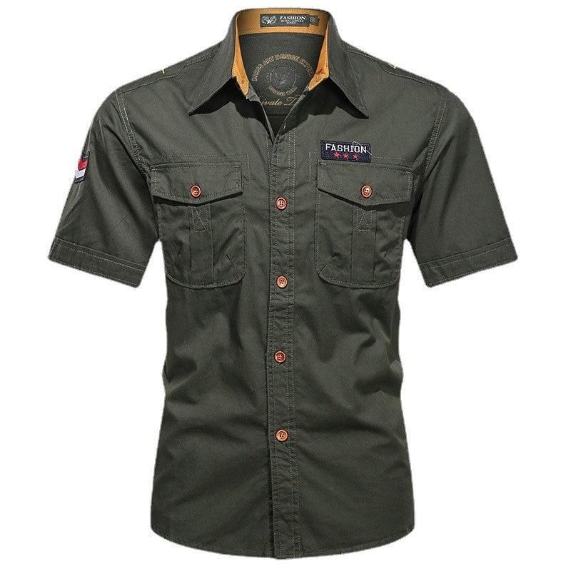 Men Summer Short Sleeved Shirts Multi Pockets Military Tooling Shirts New Male Cotton Outdoor Casual Shirts Size 5XL