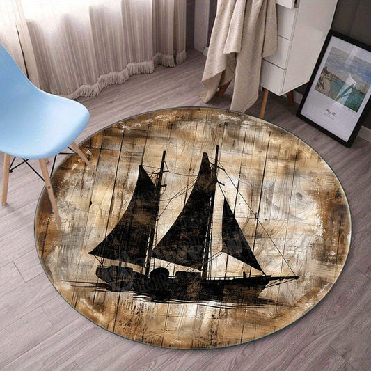Vintage sailingship round rug nautical ocean theme living room floor mat rusticwooden background carpet for home or coastaldecor