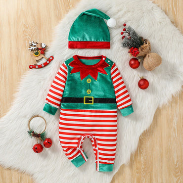 2Pcs Christmas Baby unisex Jumpsuit Newborn Cute Striped Clothes Autumn Winter Boys Girls Round Neck Long Sleeve Bodysuit+Hat