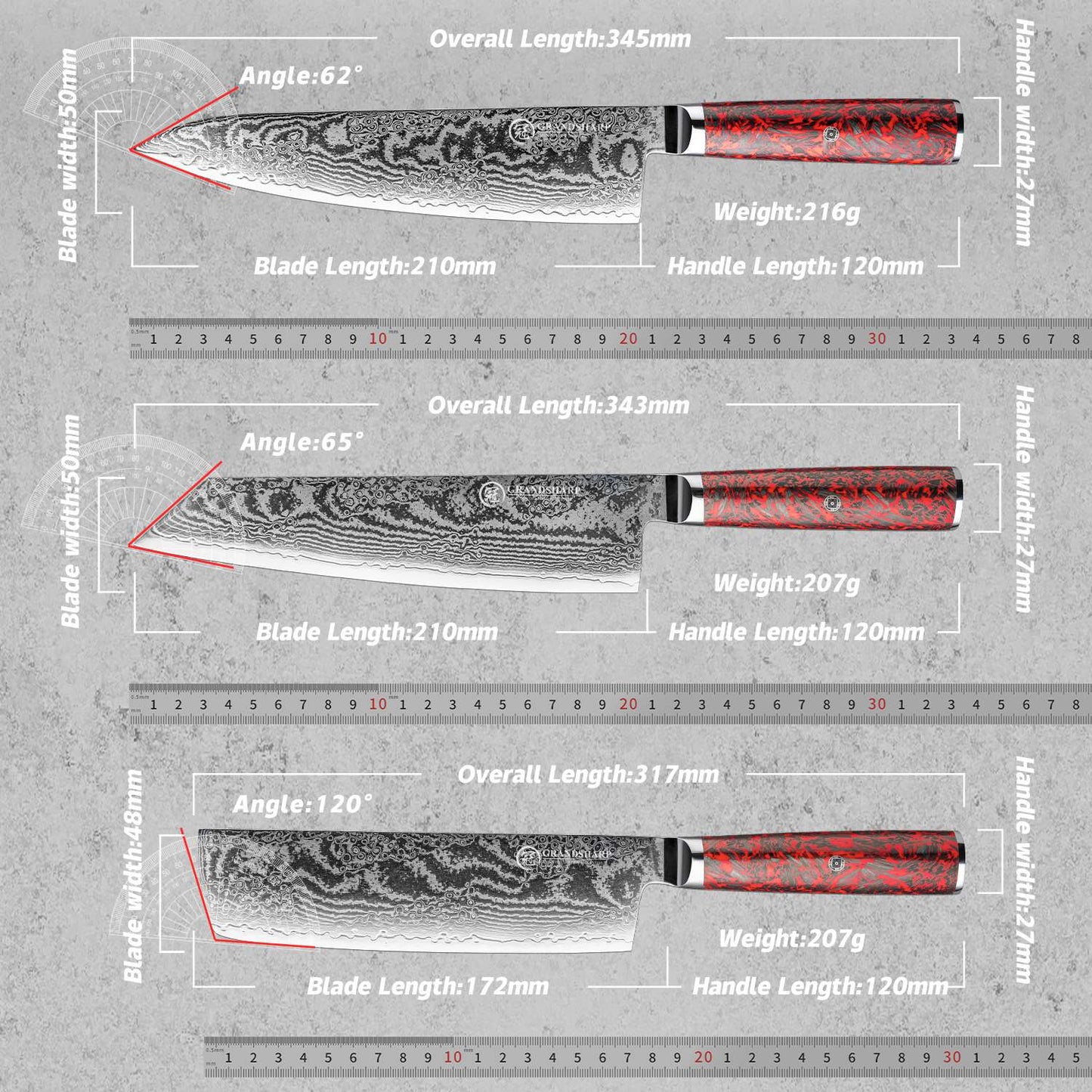 Grandsharp 1-6 Peças Conjunto de Facas de Cozinha 67 Camadas de Aço Damasco com Pó S35VN Faca Afiada de Chef Nakiri para Descascar Utensílios de Cozinha