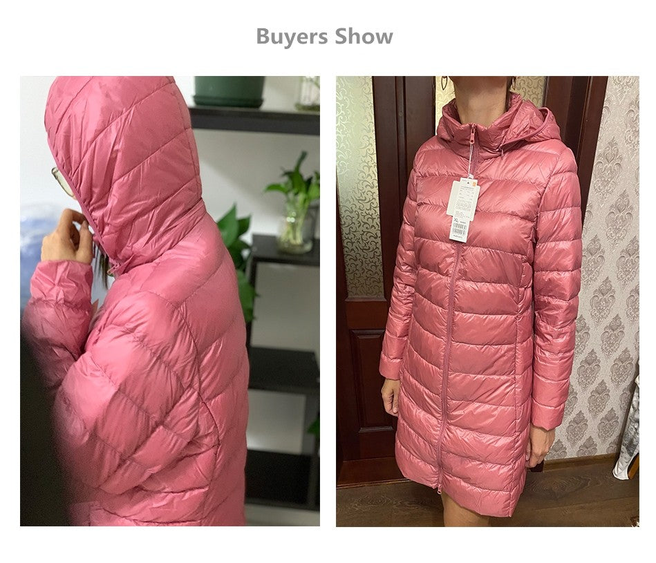 Women Ultra Lightweight Packable Long Puffer Jacket 2023 New Autumn Winter Warm Hat Detachable Hooded Female Coat Parka 5XL 7XL
