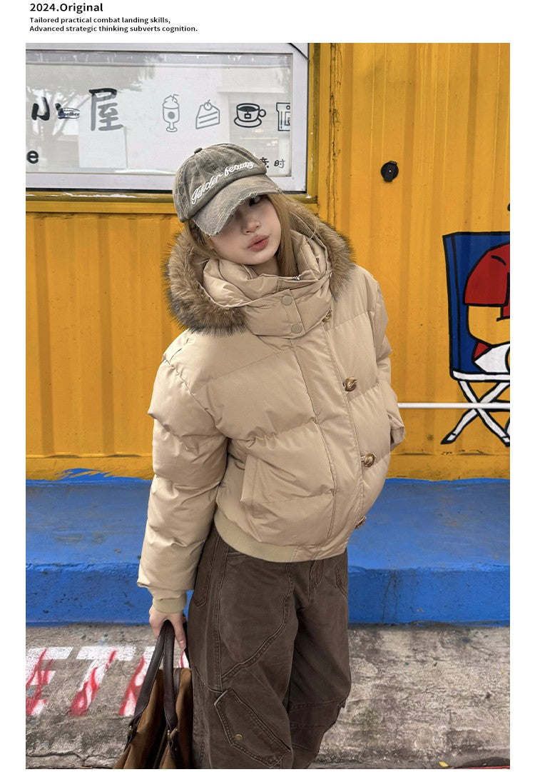 South District Fiona Women's Winter Jacket Navy Blue Cotton Short down Coat with Detachable Hood And Fur Collar