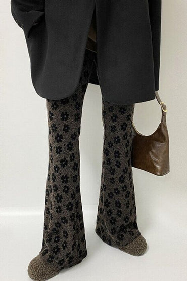 East Gate 2025 Autumn Winter New Sle Retro Print Small Flower Tight Elastic Waist Flared Pants Women Casual Long Pants