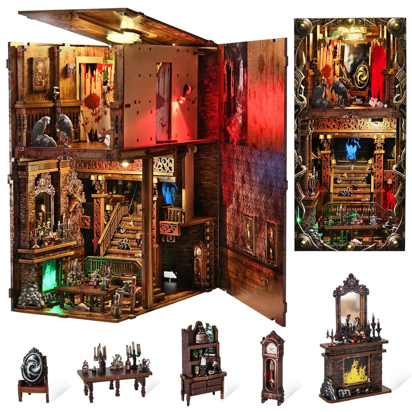 DIY Book Nook Kit Hotel of Terror Wooden Bookshop Dollhouse with Light Dynamic Video Bookshelf Insert 3D Puzzle Decor for Gift