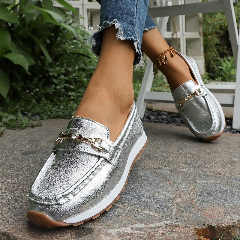 Gold Silver Metal Chain Flats Shoes Women Spring Autumn Plus Size Platform Loafers Woman Slip On Soft Bottom Casual Shoes Female