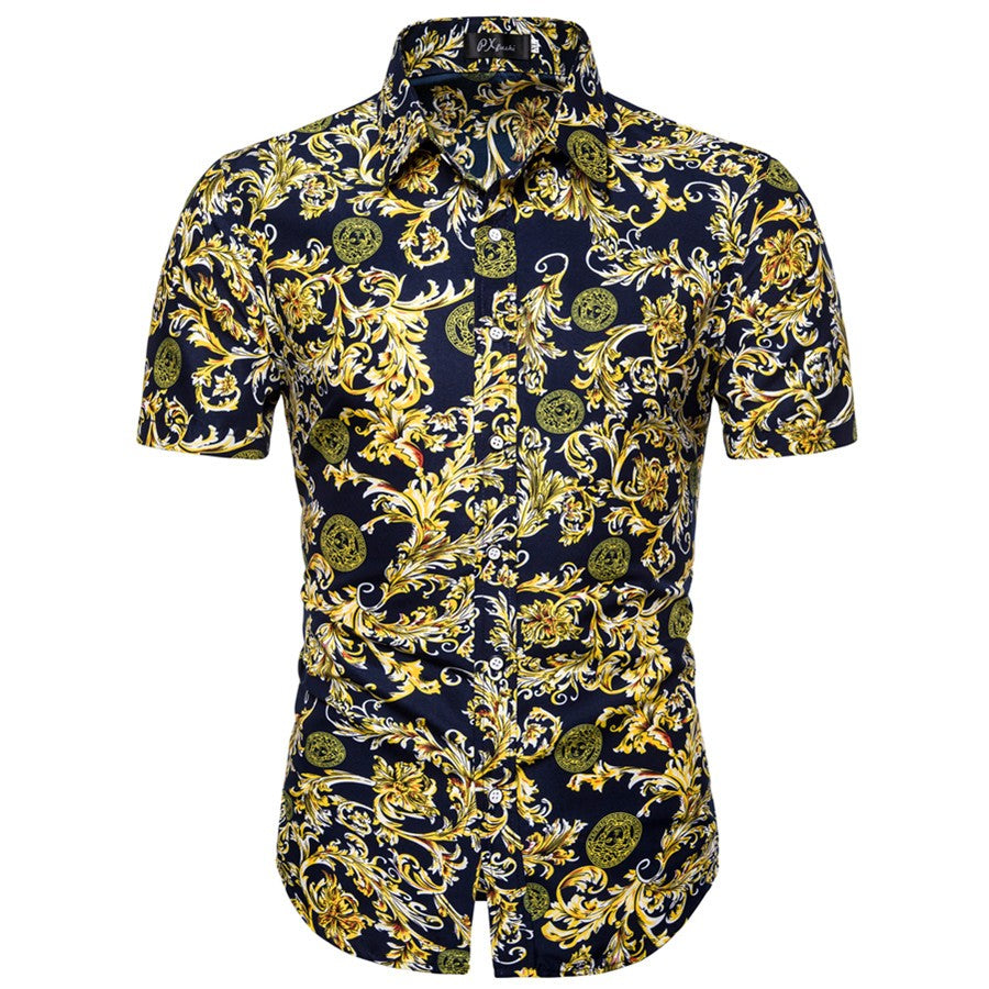 Summer New Men's Short Sleeved Shirt Thin Collar Hawaiian Style Floral Shirt Vacation Series Men's Shirt