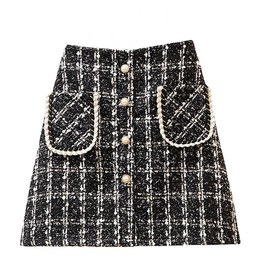High Waist Single Breasted Women's Tweed Pencil Skirt With Pocket Autumn Winter Plaid Retro Woolen Short Skirts Female