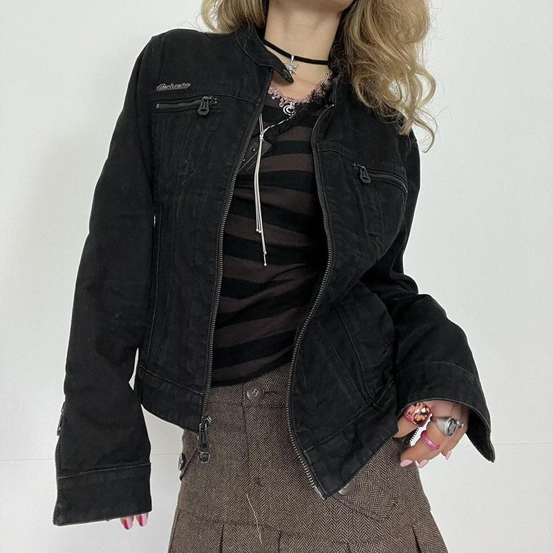 Rockmore Streetwear Double Zipper Denim Jackets Solid Casual Vintage Long Sleeve Outerwear Harajuku Cargo Style Women's Coats