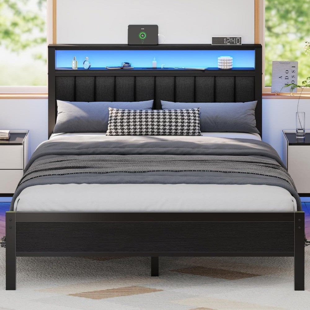 Queen Size Bed Frame with Charging Station and LED Lights, Platform Bed with Metal Slats, Grey Upholstered Headboard wi