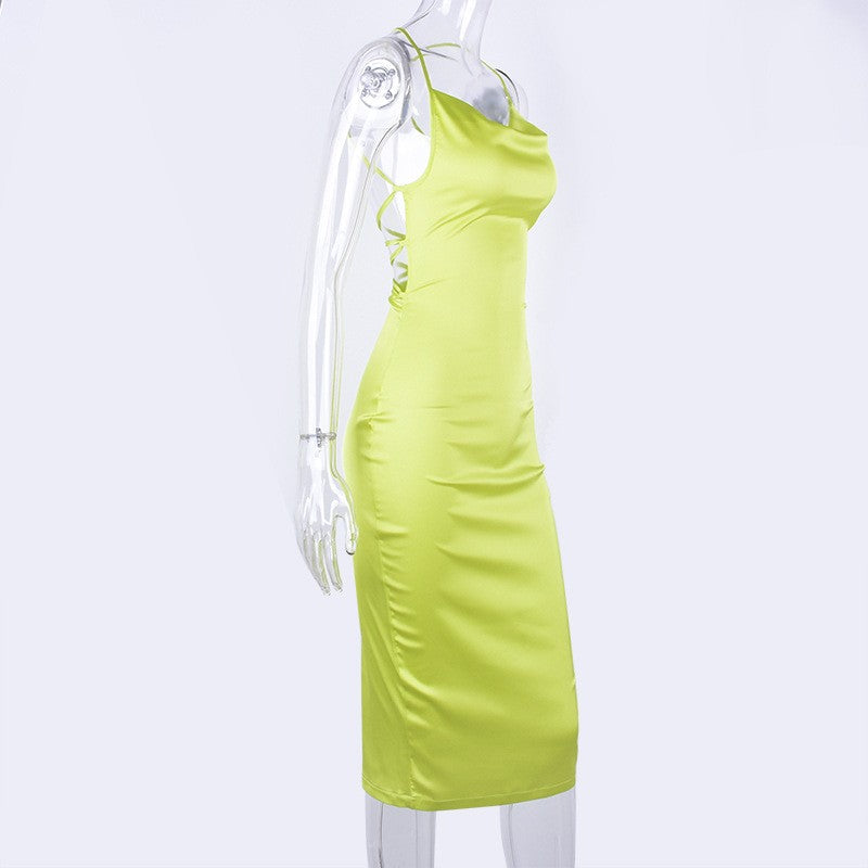 Neon Satin Lace Up Women's Long Midi Dress Light Pink Bodycon Backless Elegant P