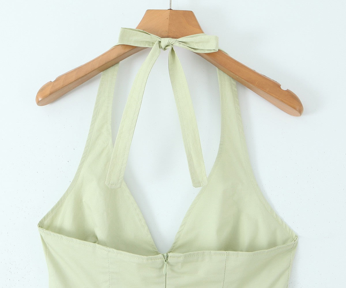YENKYE Sexy Backless Green Elegant Halter Dress For Women Low Waist A-line Midi