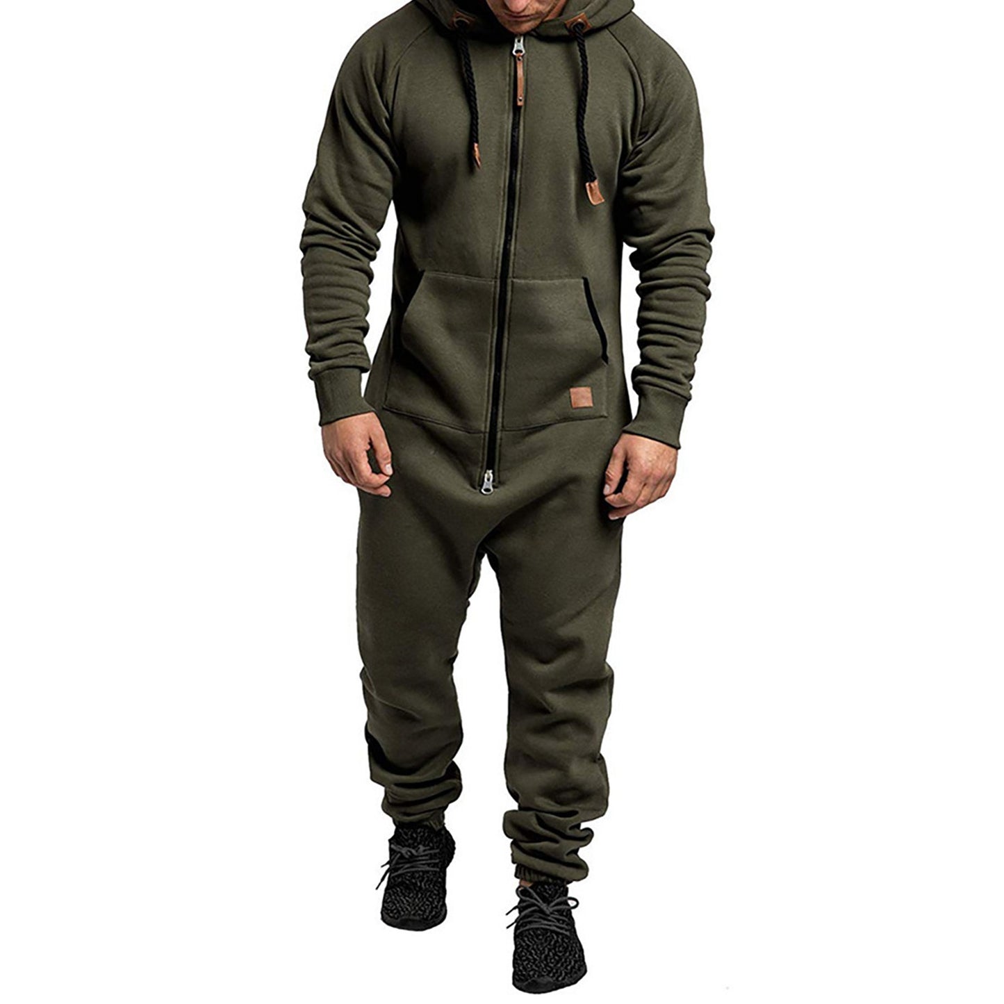 Men's Hooded Fleece Lining Jumpsuit Autumn Winter Warm Long Sleeve Full Zipper Overalls with Kangaroo Pockets Night Clothes