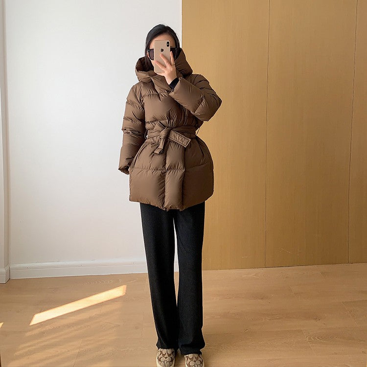 2025 Winter Women's Down Jackets Ultra Light Warm Cusual Coat Female Puffer Jacket With Belt Plus Size Hooded Short Parka