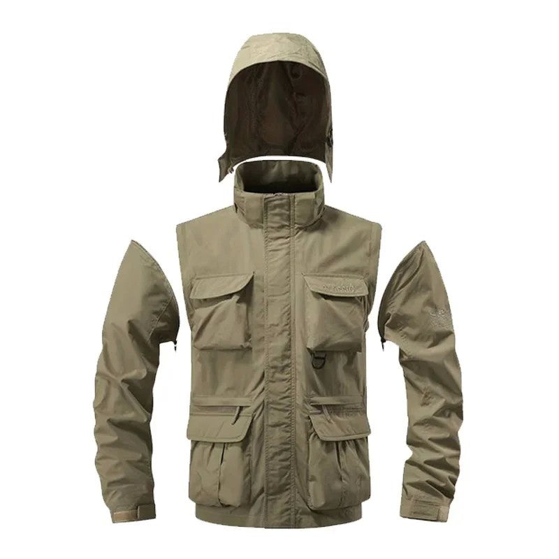 Men's Casual Waterproof Multi Bag Cargo Jacket Vest Suitable for Outdoor Activities Detachable Windproof Hooded Jacket Jacket