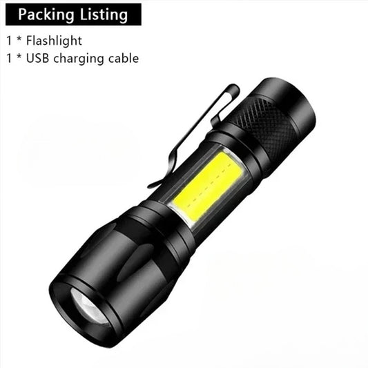 Ultra Bright LED Flashlight Type-C Rechargeable Zoom Lamp with Clip T6 Tactical Torch for Outdoor Camping Hiking Cycling Lantern