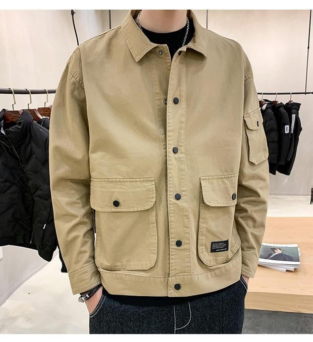 Men's Casual Jacket Spring Autumn Button Lapel Work Coat New Solid Color Multi-pocket Tops Men Fashion High Quality