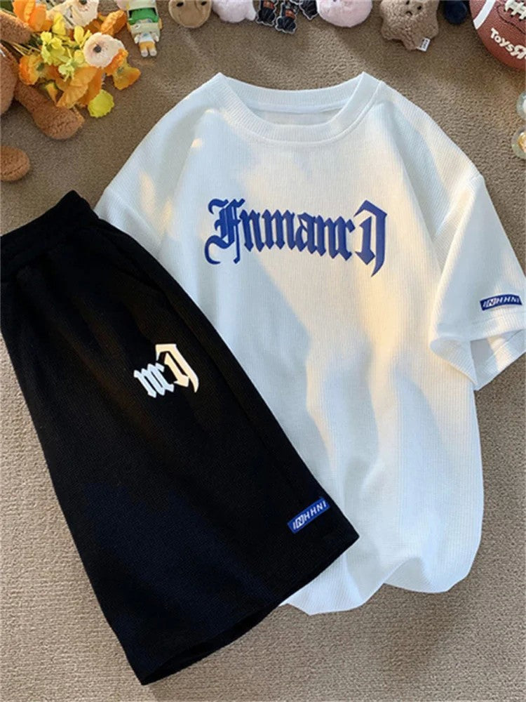 Summer Oversize Casual Fashion tracksuit Loose Jogging Waffle Suit Men Loose Short-sleeve tshirt + Sports Shorts 2pcs Set Outfit