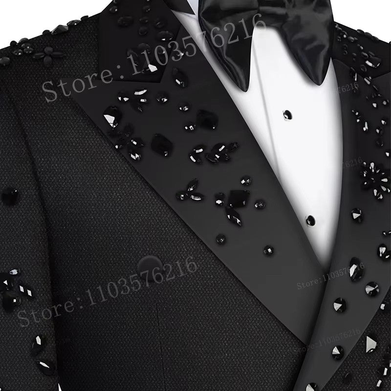 B02 Luxury 2 Pieces Set Men's Suits Beaded Crystals Notched Lapel Groom Wedding Formal Party Prom Tuxedo Wedding Groom