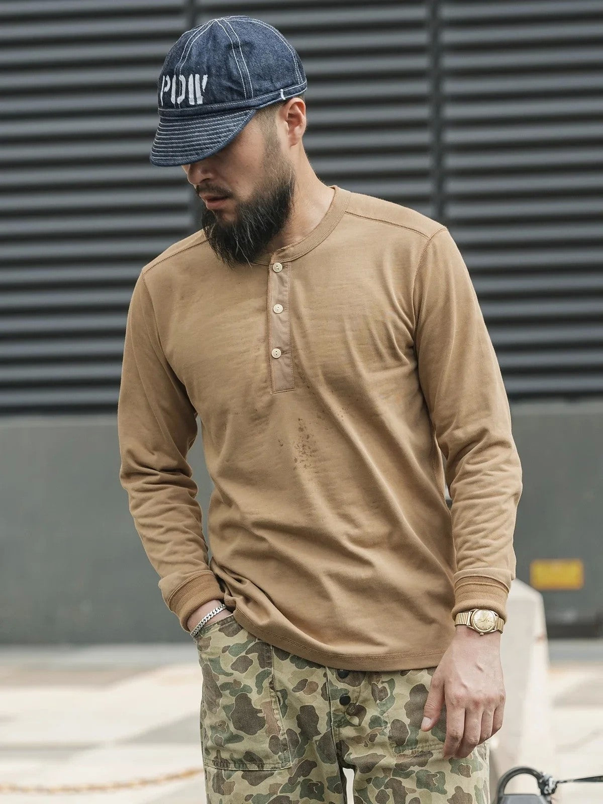 Bronson 350g Heavyweight L/S Henley Shirt Vintage Plain Base T-Shirt For Men