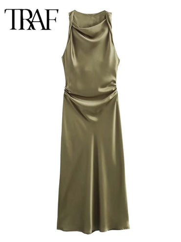 TRAF Satin Long Dresses for Women 2024 Summer Slip Midi Dress Woman Sexy Evening