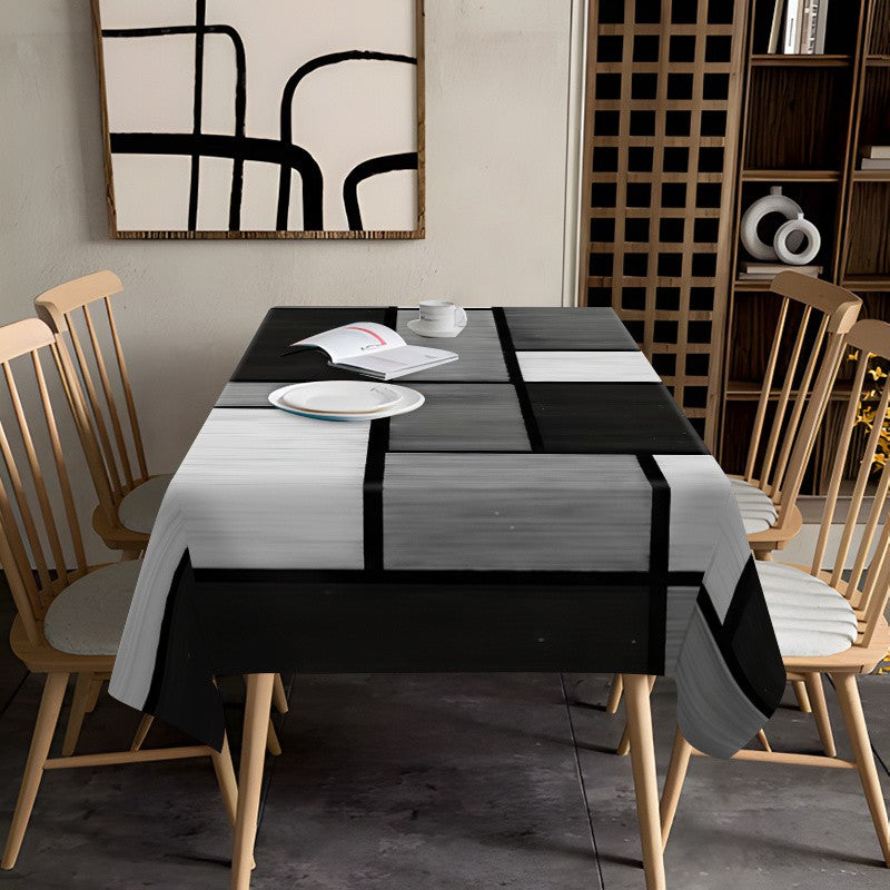 Elegant Black and White Geometric Print Tablecloth - Rectangular Polyester Dining Table Cover for Festive Party Decor