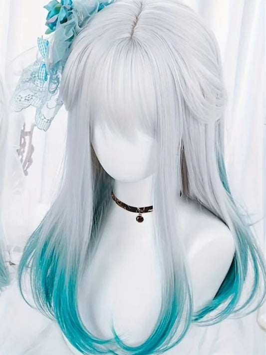 Blue White Gradient Bangs Straight Synthetic Wig with Ponytail Anime Party Cosplay Fashion 2025 New Fiber Hairdo
