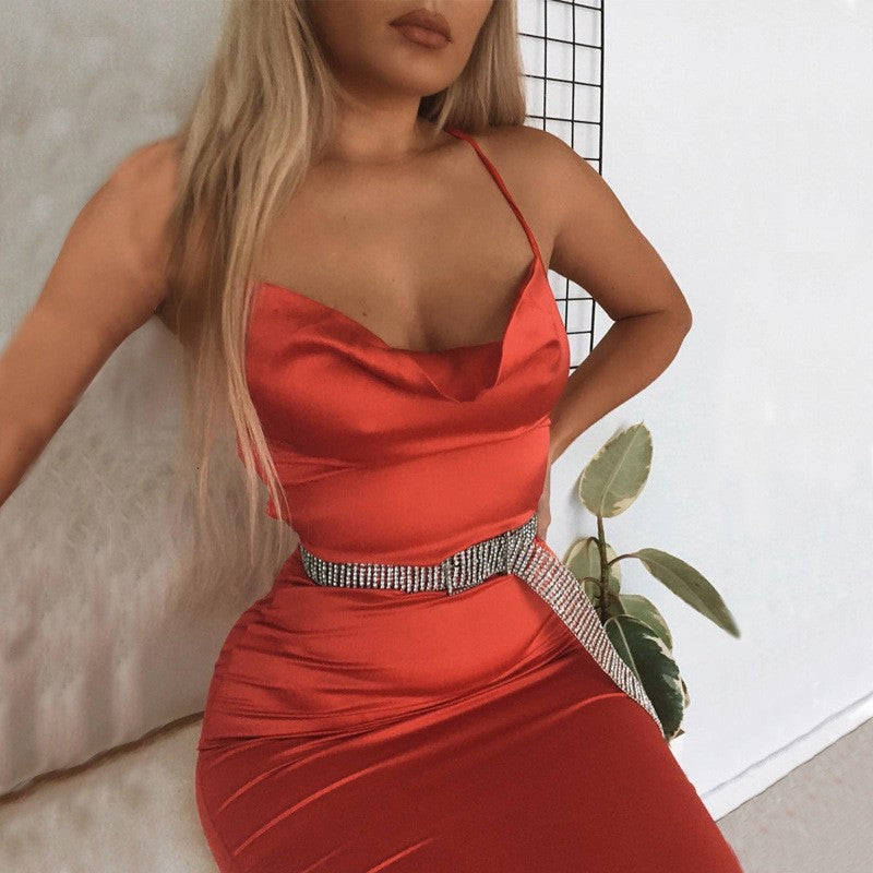 Neon Satin Lace Up Women's Long Midi Dress Light Pink Bodycon Backless Elegant P